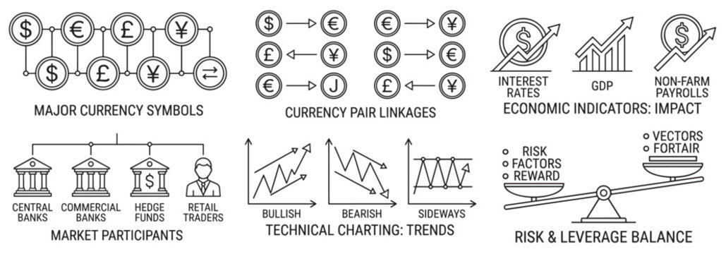 finance and forex vector icon set, currency symbols market participants economic indicators trading charts and risk leverage balance isolated on transparent background