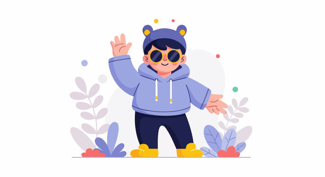 A playful child in a bear hat and sunglasses waves hello amidst cartoon plants