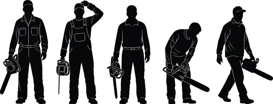 Silhouette illustration of workers using chainsaws in different poses, showing logging, tree cutting, safety postures, and forestry labor in occupational industry concept