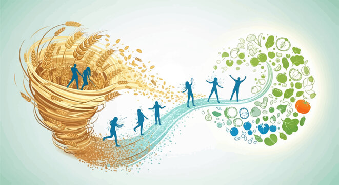 Silhouettes journey from a grain whirlwind to a healthy, colorful food circle