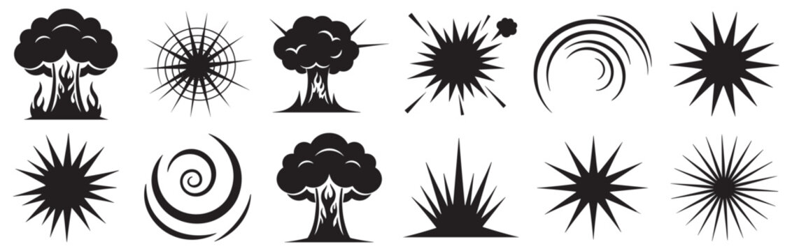 explosion and bomb blast icon set, nuclear mushroom cloud and starburst impact effects vector illustration on transparent background