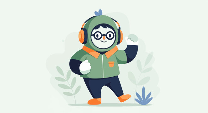 Cheerful cartoon character wearing headphones and a green hooded jacket