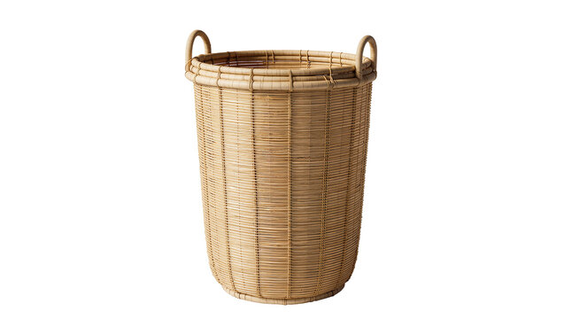 Isolated natural handmade rattan laundry basket or storage hamper with handles for home decor