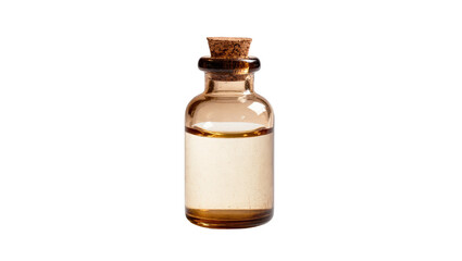 Isolated small amber glass bottle with a natural cork stopper containing a clear liquid
