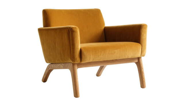 Isolated elegant mustard yellow velvet armchair with wooden legs, modern upholstered furniture item
