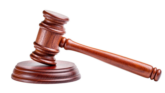 Isolated wooden judge gavel and sound block for legal authority and justice symbol.