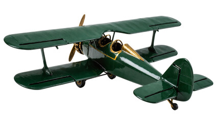 Isolated vintage green biplane model with golden accents, antique aircraft collectible object. © Miguel