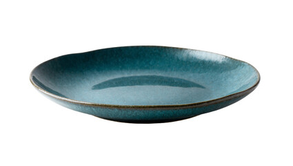 Isolated empty ceramic serving plate in deep teal with a rustic rim for food presentation