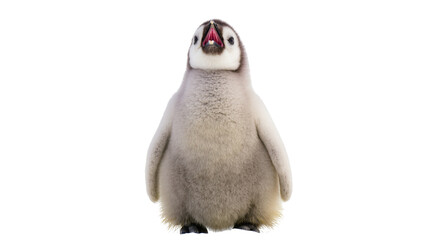 Isolated cute fluffy emperor penguin chick calling with mouth open looking up in studio © Miguel
