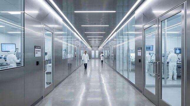 Modern, sterile corridor within a high-tech research and development cleanroom facility, showcasing advanced scientific work and precision engineering environment