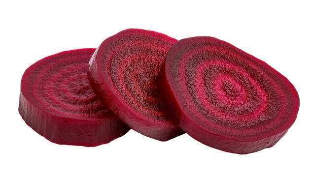 Isolated vibrant red raw beetroot slices showing natural rings and healthy texture.