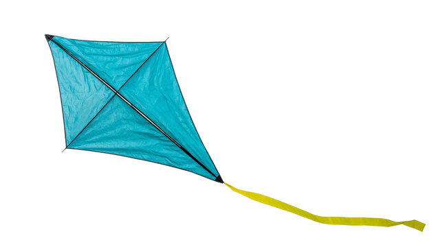 Isolated vibrant teal kite with a long flowing yellow tail, perfect for summer fun.