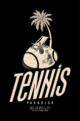 Obraz premium Tennis island. Distressed island made of tennis ball with sling chair and a palm-tree on it with a tennis racket. Vintage typography t-shirt print vector illustration.