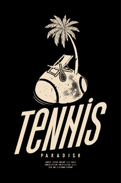 Tennis island. Distressed island made of tennis ball with sling chair and a palm-tree on it with a tennis racket. Vintage typography t-shirt print vector illustration.