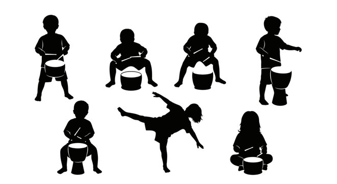 Children Silhouettes Playing Drums and Dancing