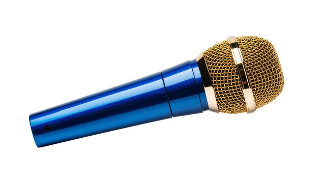 Isolated modern blue and gold dynamic microphone for studio recording or live performance
