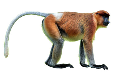 Isolated Proboscis monkey, a distinctive long-nosed primate from Borneo, full body side view