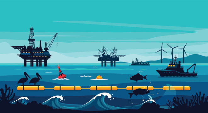 An offshore oil rig and wind turbines operate in the ocean with a containment boom, pelicans, and fish in a pixel art style.