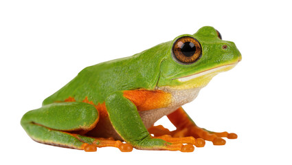 Fototapeta premium Isolated vibrant green tree frog with striking orange legs in a clean studio shot