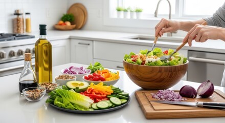 Naklejka premium A person is preparing a salad in a bright, modern kitchen. They are using a wooden spoon to toss a large bowl of mixed greens, tomatoes, cucumbers, 