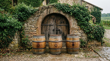 Obraz premium Three wine barrels standing in front of rustic stone winery