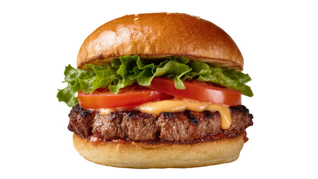 Isolated classic hamburger with grilled beef patty, crisp lettuce, ripe tomato, and melted cheese.