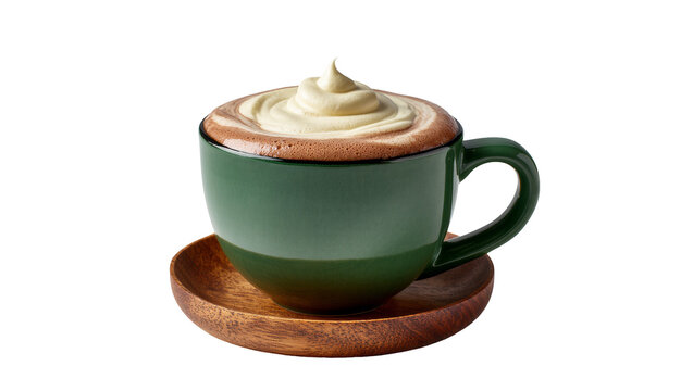 Isolated hot chocolate drink in green ceramic mug with whipped cream on wooden saucer