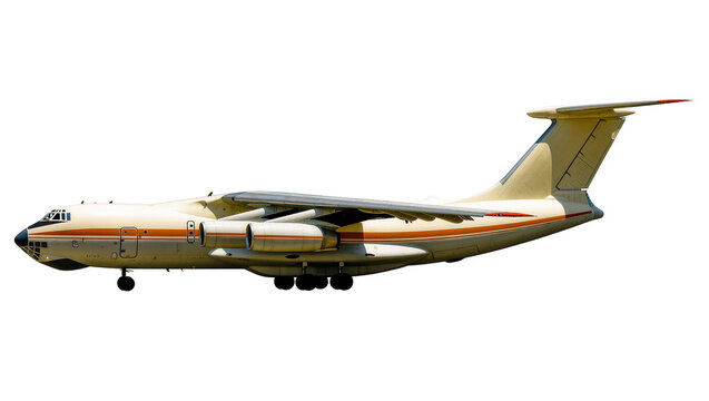 Isolated powerful four-engine transport aircraft, heavy cargo jet ready for landing