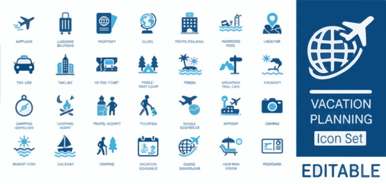 Vacation Planning Icon Set with Travel and Leisure Symbols holiday trip