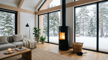 Naklejka premium Cozy living room with burning stove and winter forest view