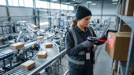Fototapeta premium Warehouse worker scanning package barcode in automated logistics center