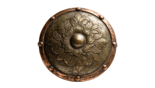 Isolated ornate antique metal medallion with detailed floral design, brass rivets, aged texture.