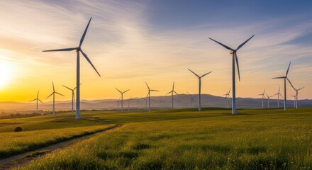 Obraz premium A vast wind farm stretches across a green, undulating field at sunrise. Numerous wind turbines, with their white blades, are silhouetted against 