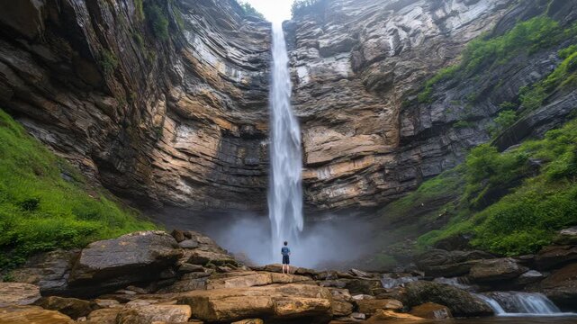 Tourist stands on rocks at the base of a towering waterfall, surrounded by lush green vegetation and the steep walls of a canyon, creating a scene of awe inspiring natural beauty
