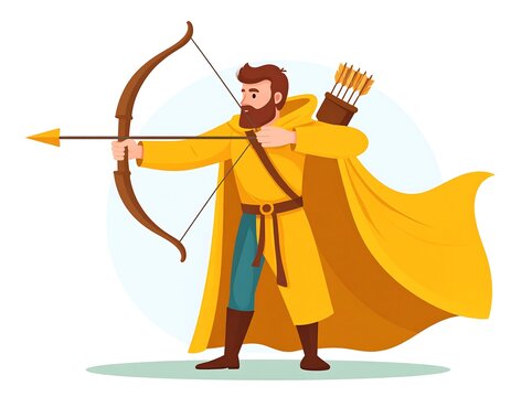 A cartoon archer with a beard dressed in yellow clothing and holding a bow and arrow against a white backdrop
