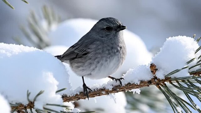 Dark-Eyed Junco Perched on Snowy Pine Branches