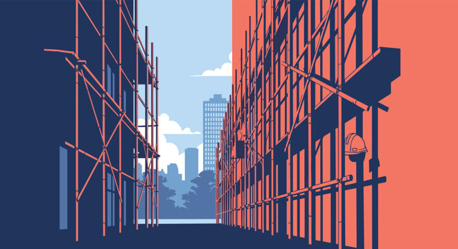 A graphic pixel art illustration shows a city alleyway formed by two buildings under construction with extensive scaffolding, dramatically split by strong light and deep shadow.
