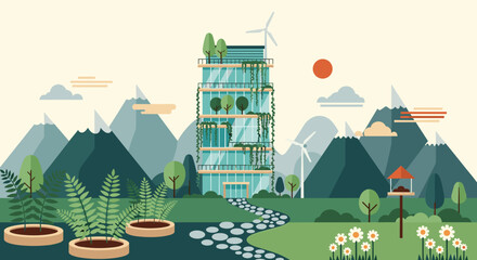Fototapeta premium A modern eco-friendly building with vertical gardens and a rooftop wind turbine stands in a lush green valley surrounded by mountains.