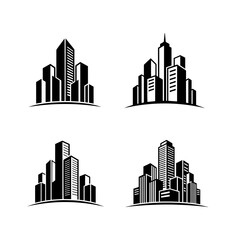 Fototapeta premium The illustrations depict groups of modern skyscrapers, office buildings, and towers sitting on a curved horizon line. Perfect symbols for real estate, construction, architecture, or corporate business