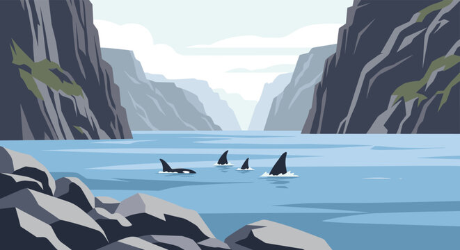 A pod of orca whales with prominent dorsal fins swims through a tranquil fjord surrounded by steep, misty cliffs and rocky shores in a pixel art style illustration.