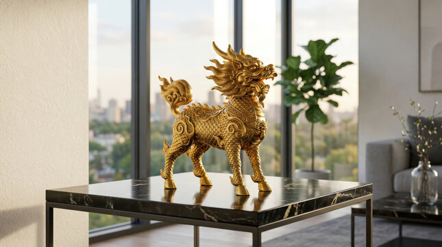 Golden qilin statue on marble table in luxury apartment