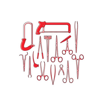Medical Tools and Instruments Illustrated in Vivid Red for Surgical Procedures and Healthcare
