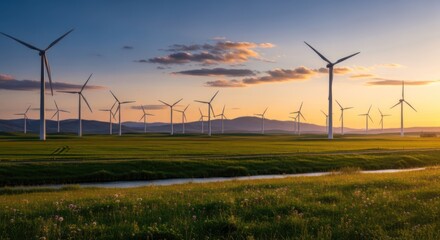 Obraz premium A vast wind farm stretches across a green, grassy field under a vibrant sunset sky. Numerous white 