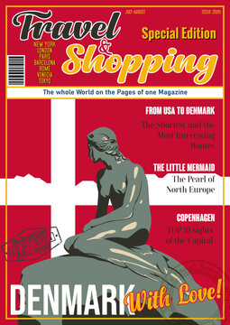 Travel and Shopping Magazine Fake Cover. Denmark with Love. Danish Attraction The Little Mermaid Statue Illustration. Copenhagen Panorama, Danish Flag, Vector Template for Touristic Illustrations, Pos