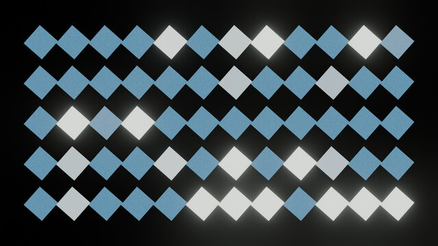 Glowing blue and white diamond grid pattern with repeating rhombus tiles on black background
