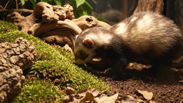 Curious Ferret Exploring Mossy Forest Floor
