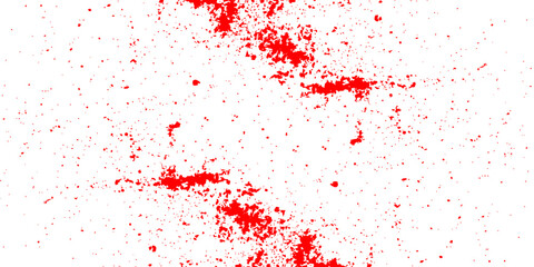 Red paint splashes and ink splatters create a grunge texture background with artistic drops and vector stains on a red backdrop for a bold design
