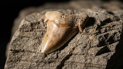 Naklejka premium Megalodon shark tooth fossil resting on rock