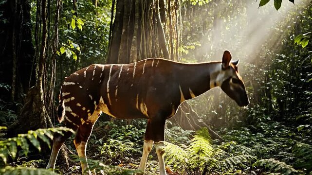 Elusive Okapi Steps Into Sunlight in Congo Forest