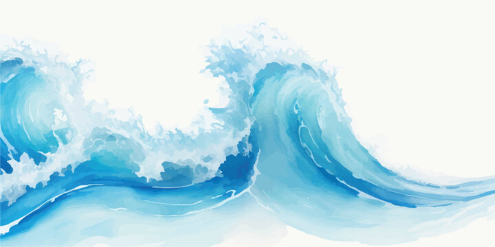 Artistic rendition of a blue wave with white foam, isolated on a clean white background